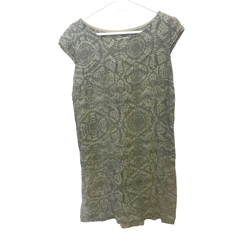 Lina Tomei Grey Linen Geometric Lagenlook Boho
 Cap‎ Sleeve Dress Lg Knee Length